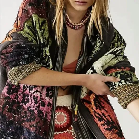 Free People Golden Hour Cardi Jacket Hooded Mixed Knit Piecing Black OrangeGreen - Picture 2 of 7